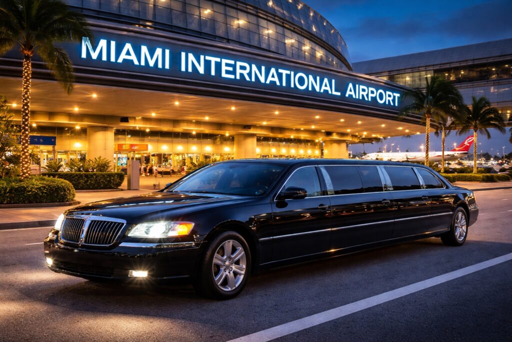 Luxury airport limo service in Miami outside Miami International Airport with black limousine